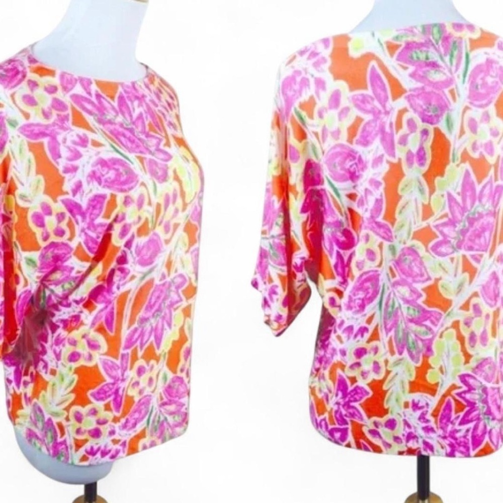 LAUREN RALPH LAUREN Pink Orange & Green Gloral Boatneck Dolman Knit Top Shirt XL